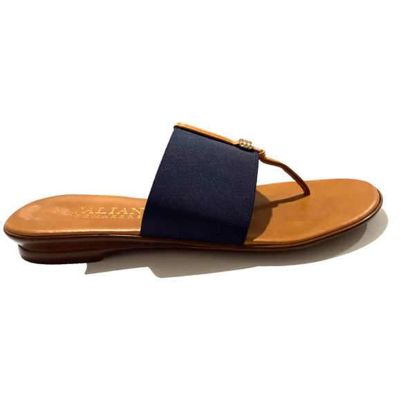 Italian Shoemakers Navy Blue Elastic Stretch Thong Sandals Gold Ring Size 9 Made - Picture 5 of 8